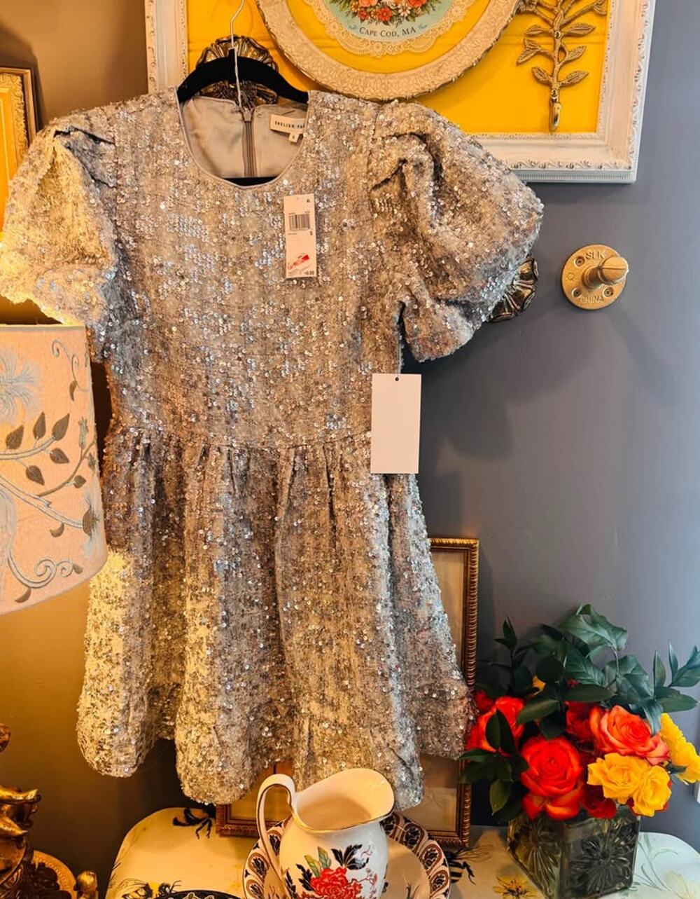 ✨ NWT English Factory Silver Sequin Puff Sleeve Party Dress – Size Small ✨